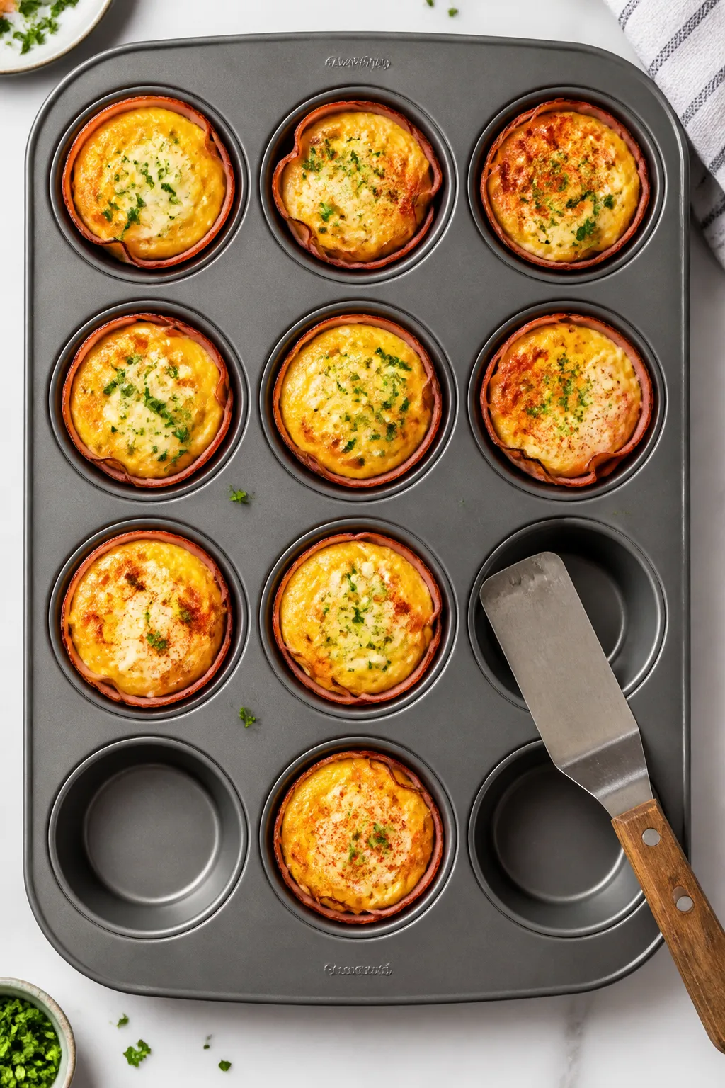 Tasty top view: Overhead shot of a 12-cup muffin tin filled with fully cooked egg cups, each lined w