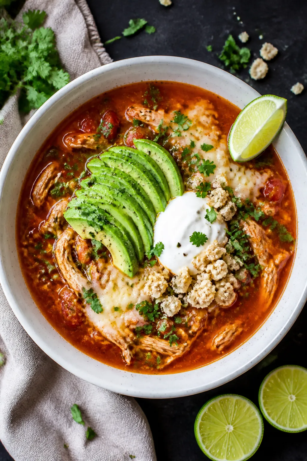 Tasty top view: Overhead shot of a bowl of finished keto chicken tortilla soup in a wide white ceram
