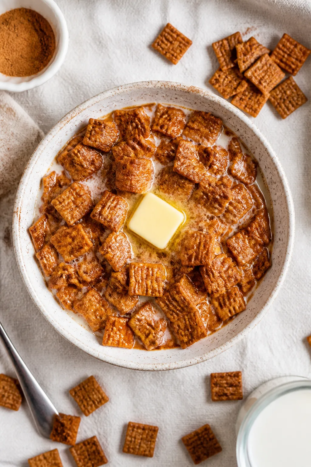 Tasty top view: Overhead shot of a bowl of keto cinnamon crunch cereal squares submerged in chilled 