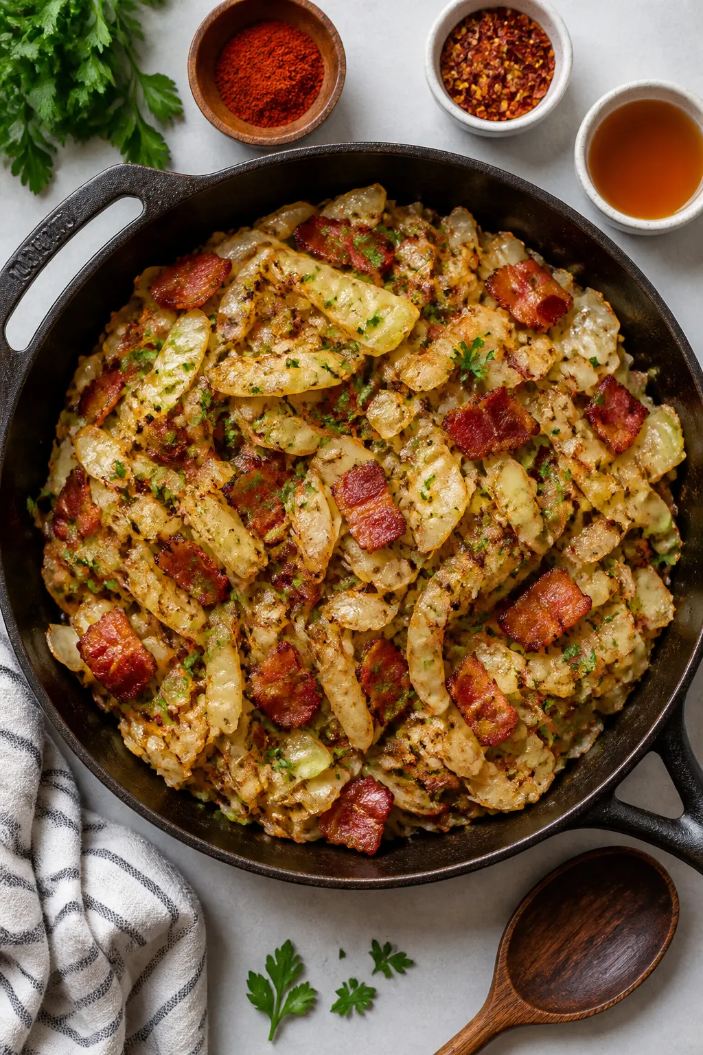 Tasty top view: Overhead shot of a family-style skillet of finished bacon fried cabbage, richly brow