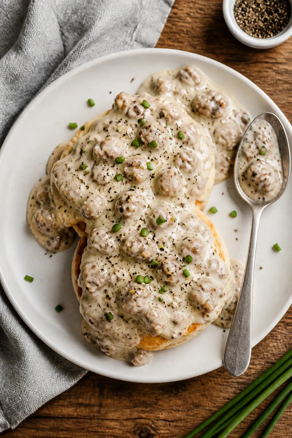 Tasty top view: Overhead shot of a finished plate—two keto biscuits topped generously with thick, 