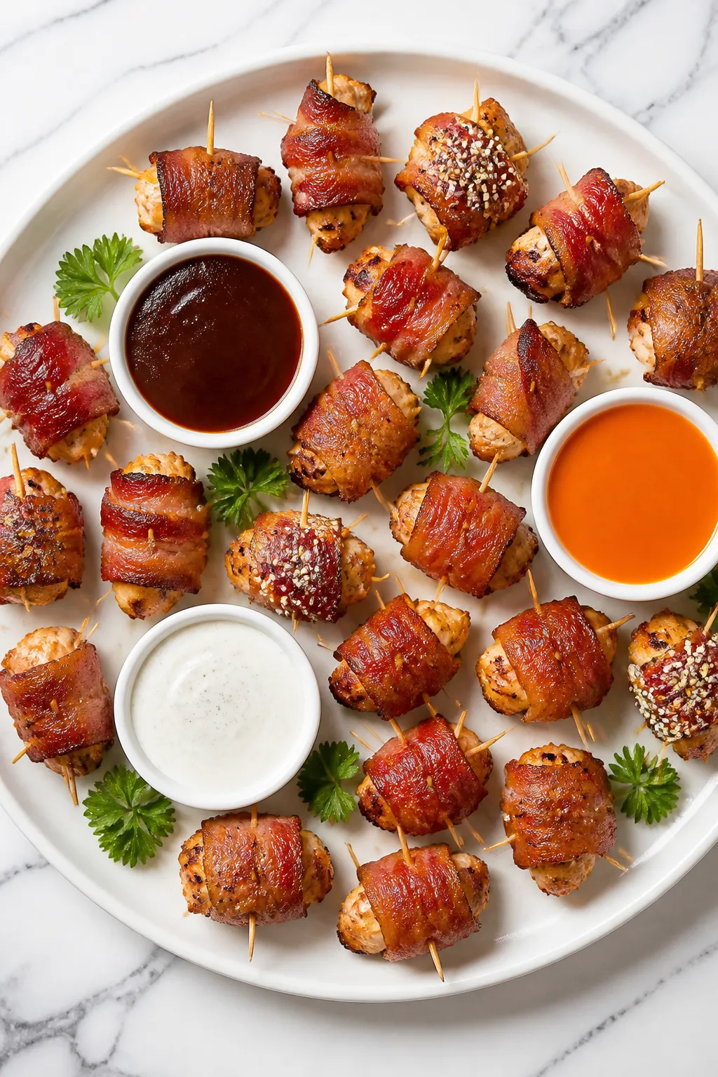 Tasty top view: Overhead shot of a game-day platter of bacon-wrapped chicken bites arranged with spa