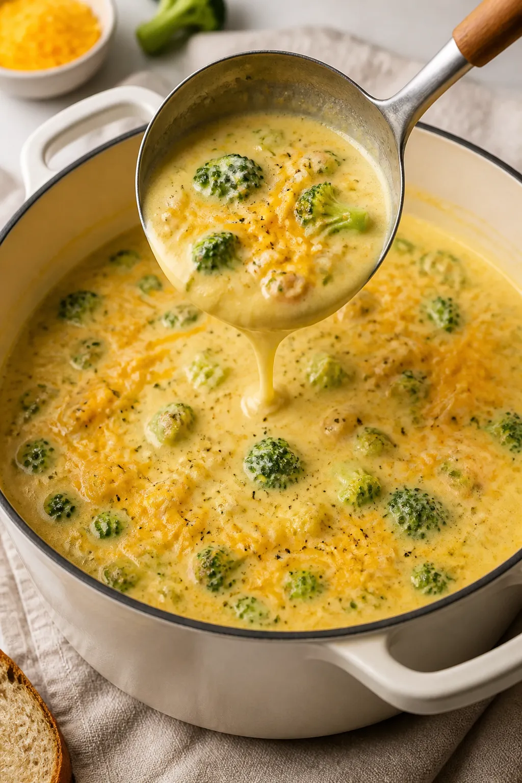 Tasty top view: Overhead shot of a ladle paused above the pot, pouring a smooth, cheese-laden stream