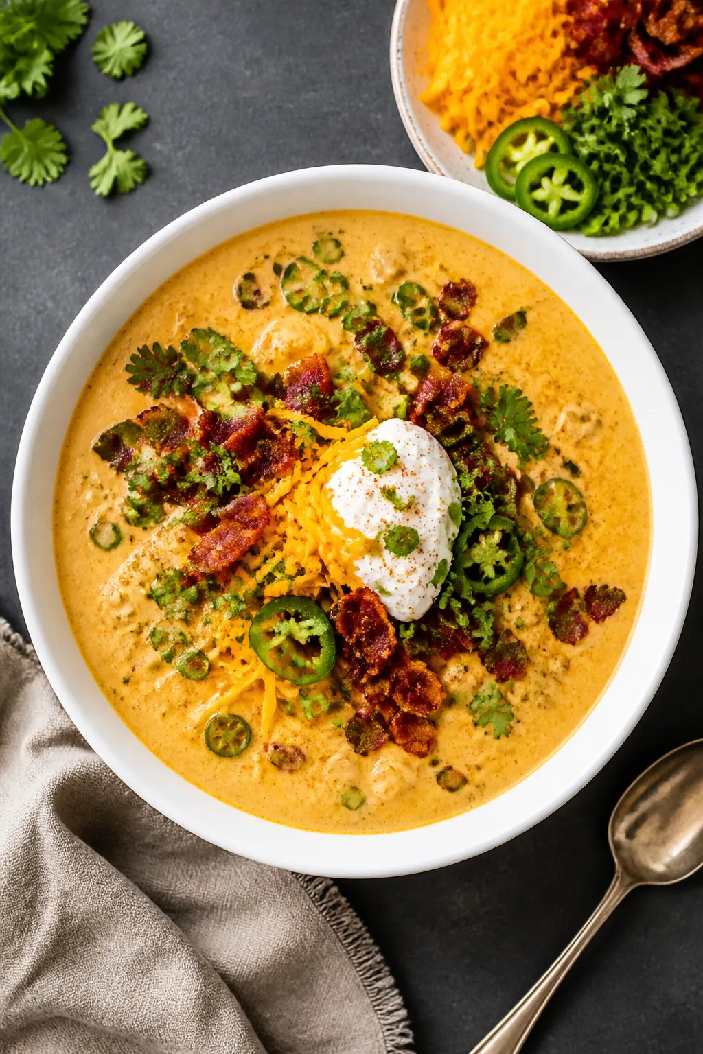 Tasty top view: Overhead shot of a ladled bowl of keto jalapeño popper soup, thick and creamy with 