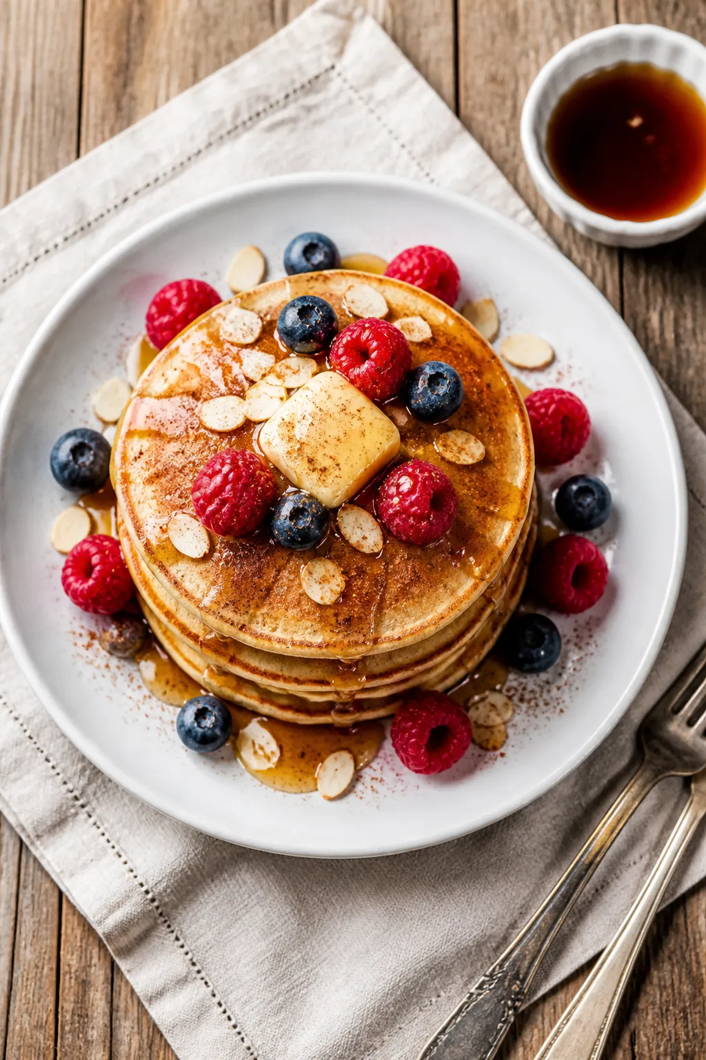 Tasty top view: Overhead shot of a neat stack of keto almond flour pancakes on a matte white plate, 