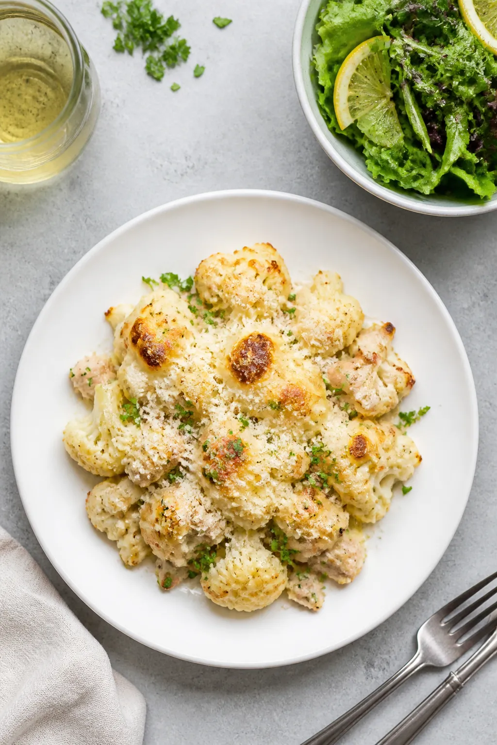 Tasty top view: Overhead shot of a neatly plated serving of Keto Chicken Alfredo Cauliflower Cassero