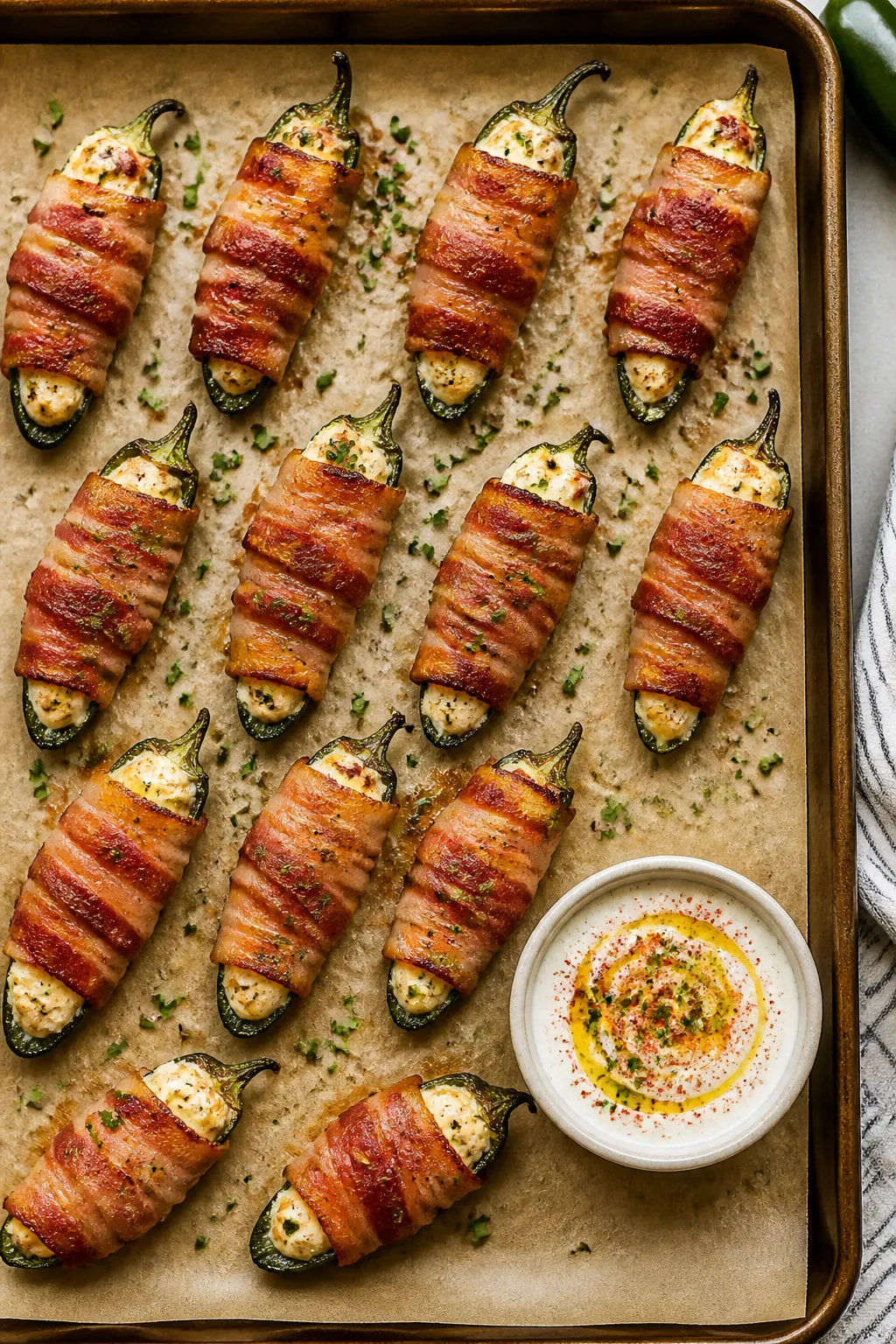 Tasty top view: Overhead shot of a parchment-lined baking sheet arranged with evenly spaced poppers,