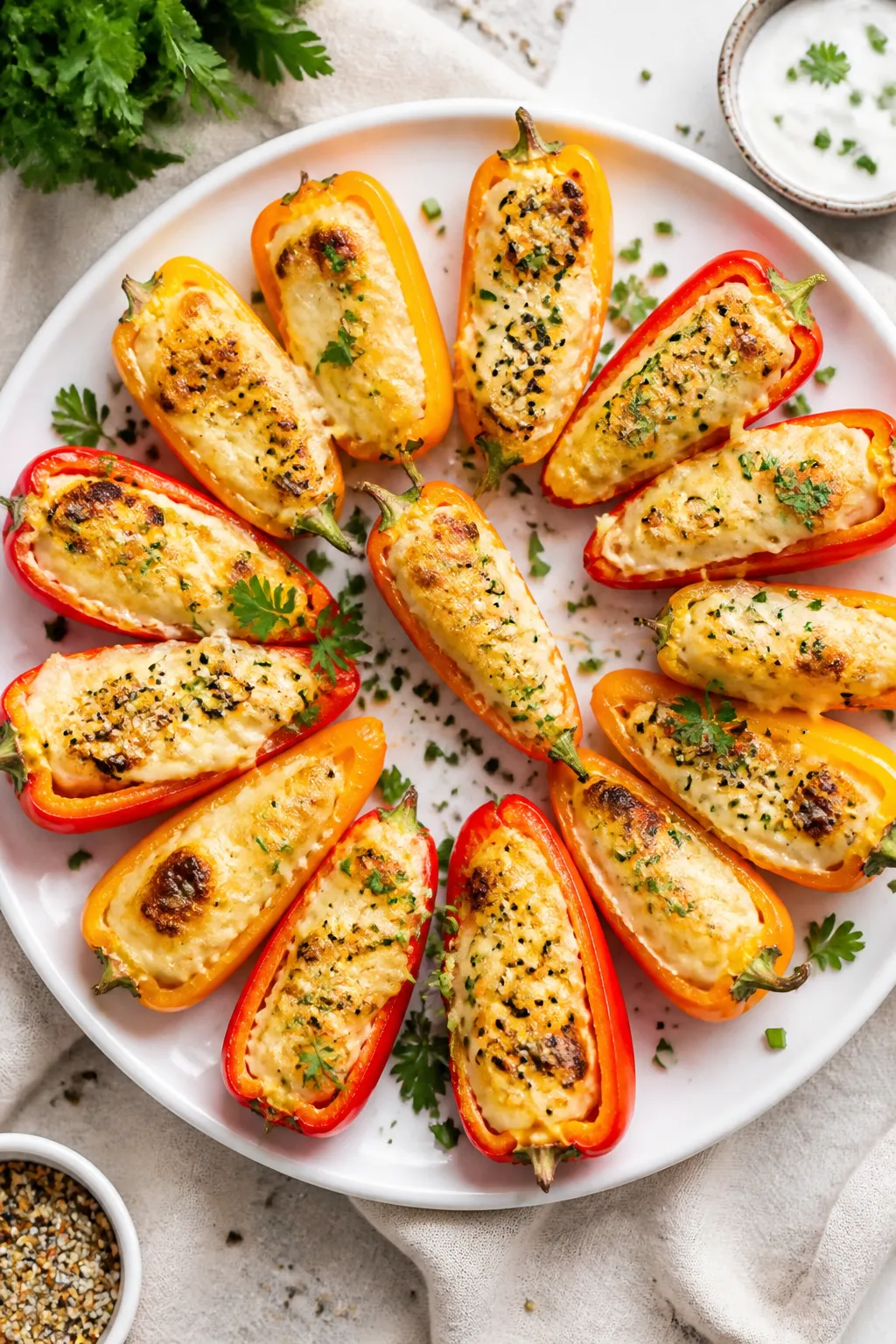 Tasty top view: Overhead shot of a party platter of keto cream cheese stuffed mini peppers arranged 