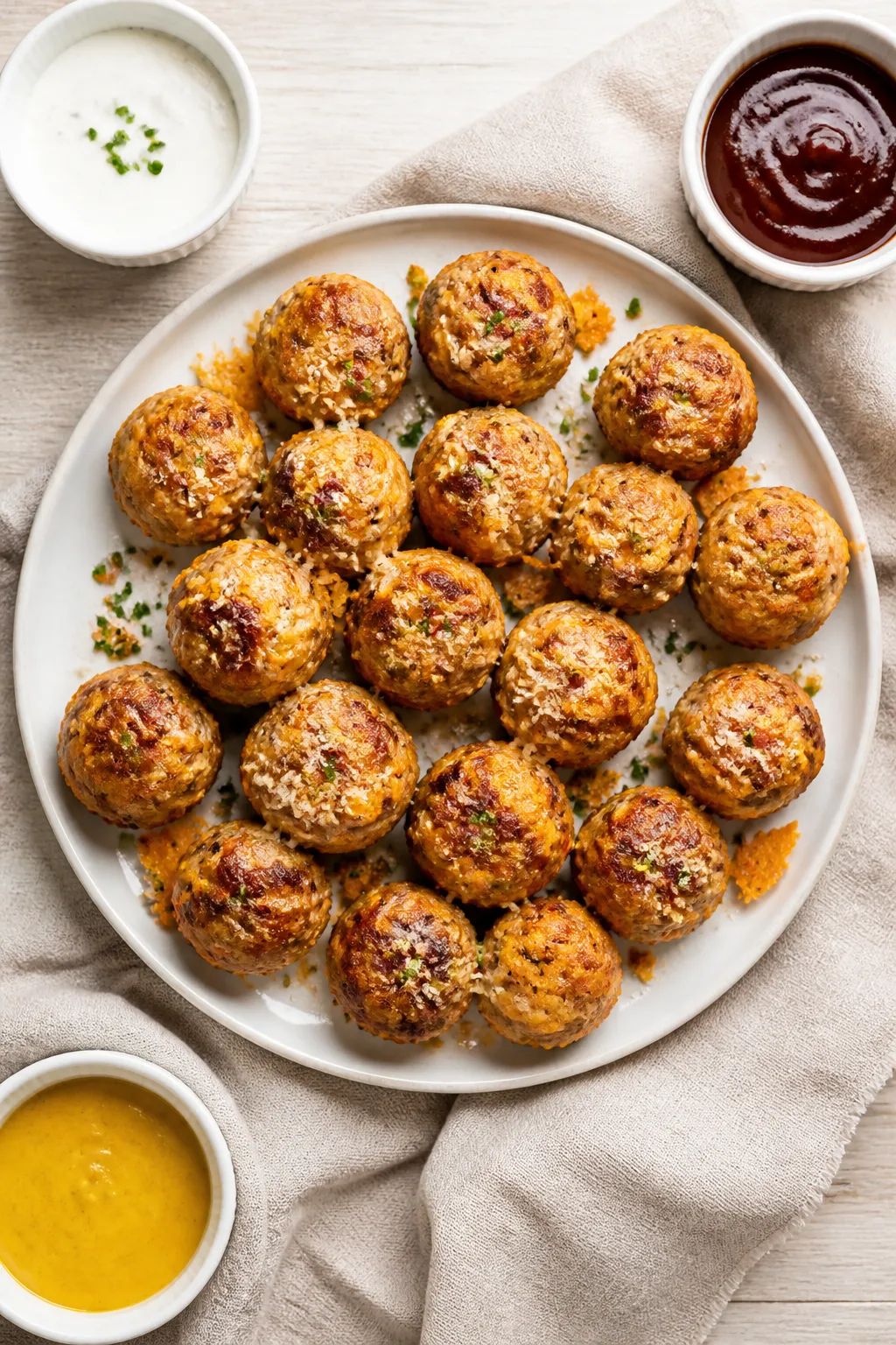 Tasty top view: Overhead shot of a platter of keto sausage balls arranged in a tight circular patter