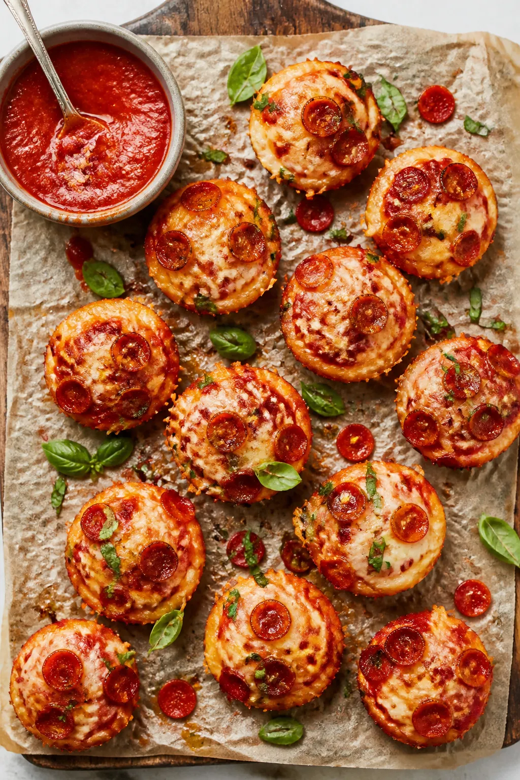 Tasty top view: Overhead shot of a rustic board lined with parchment, piled with keto pepperoni pizz