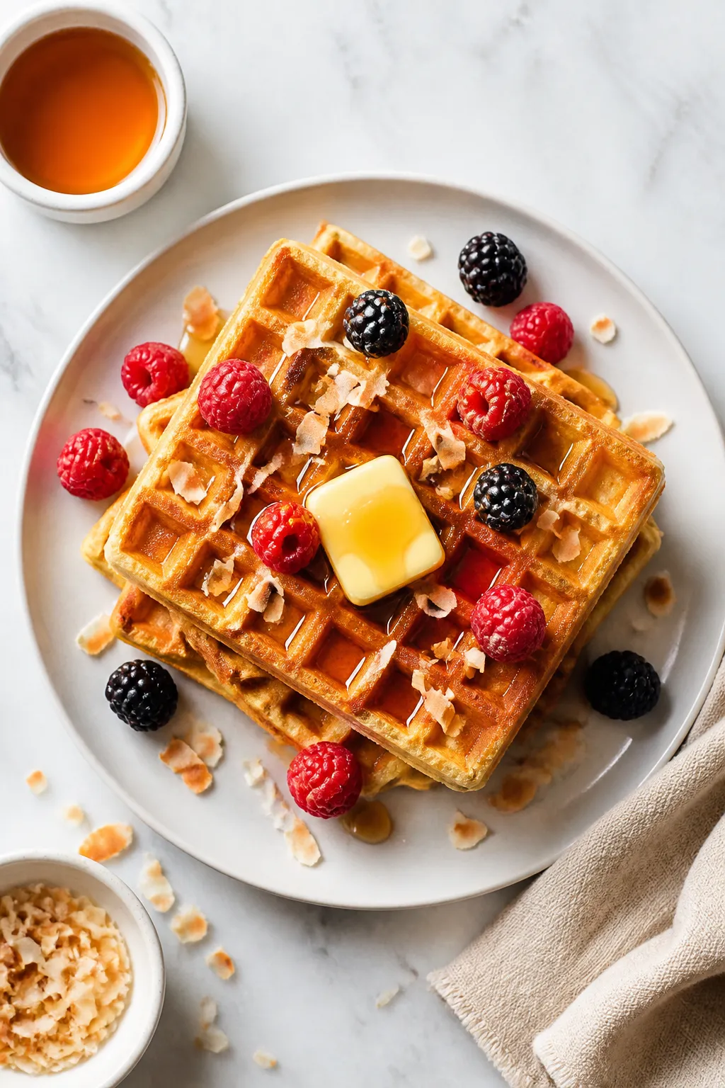 Tasty top view: Overhead shot of a stack of keto coconut flour waffles on a matte white plate, toppe