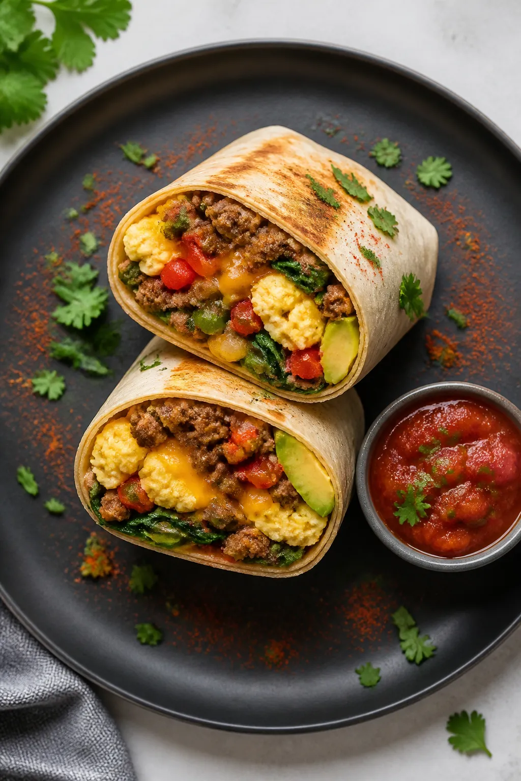 Tasty top view: Overhead shot of assembled keto breakfast burrito sliced in half, revealing layers o