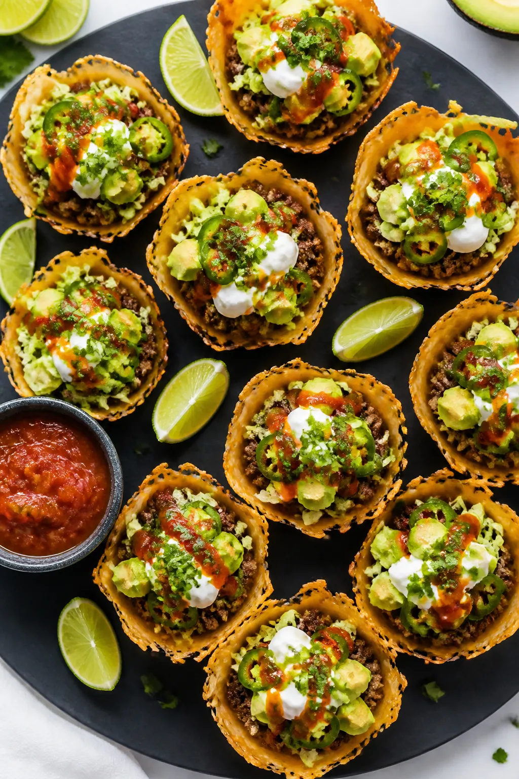 Tasty top view: Overhead shot of assembled Keto Mini Taco Cups arranged on a matte black platter, ea
