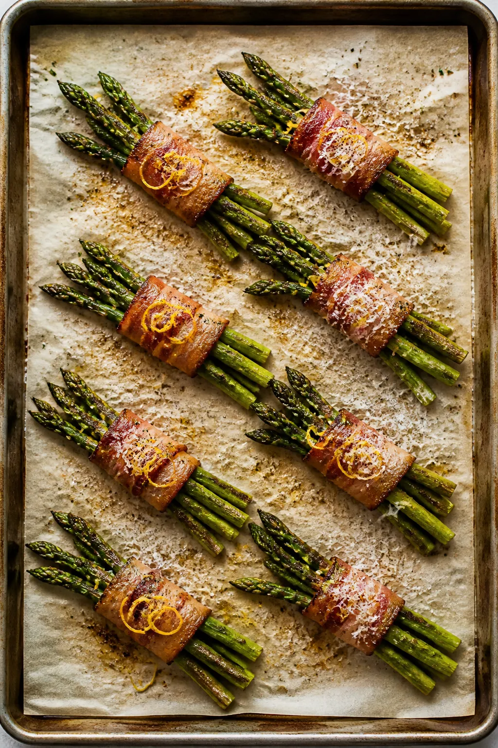 Tasty top view: Overhead shot of bacon-wrapped asparagus bundles spaced on a parchment-lined sheet p