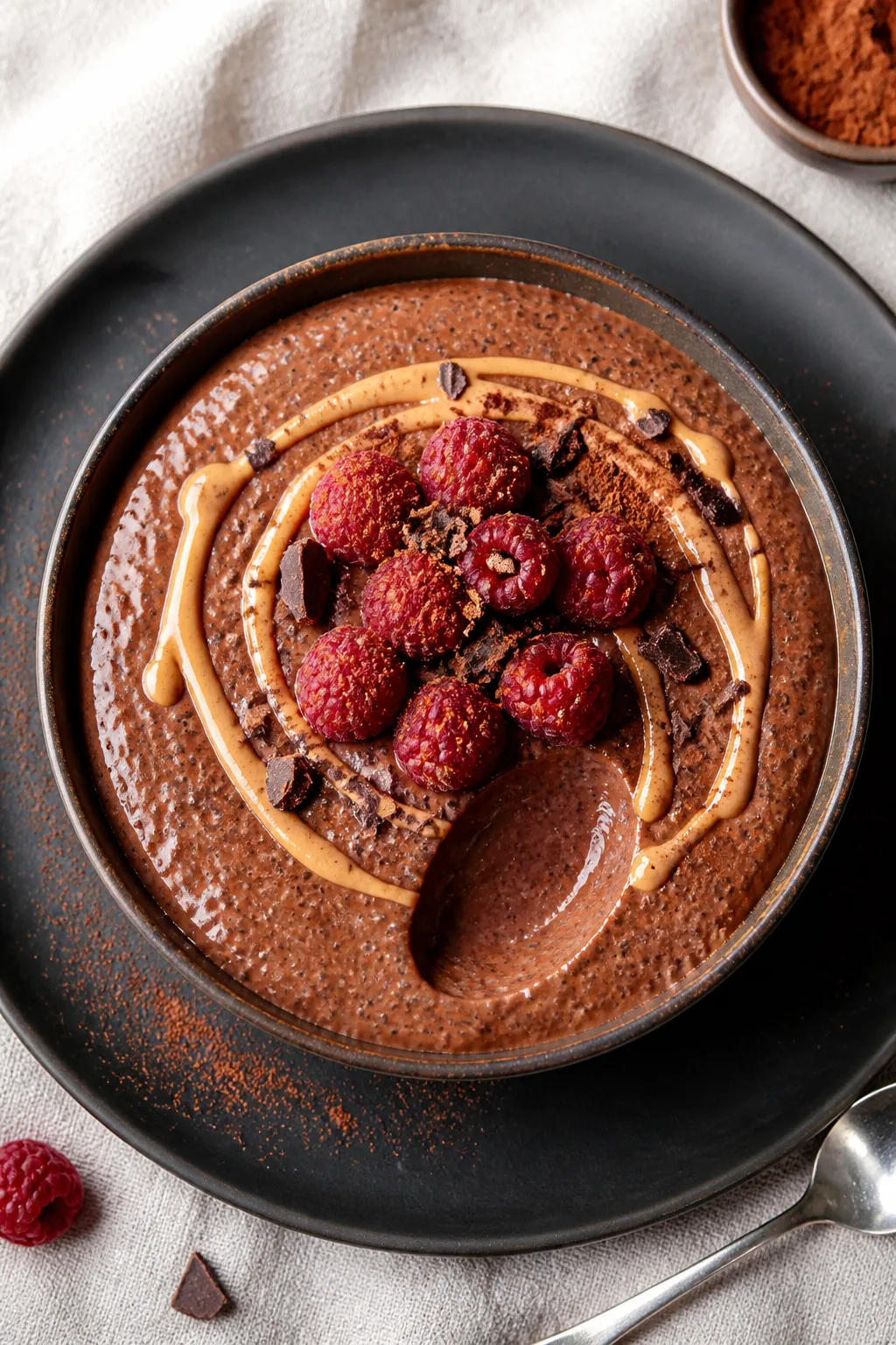 Tasty top view: Overhead shot of Chocolate Keto Chia Pudding in a low, wide bowl, deeply cocoa-brown