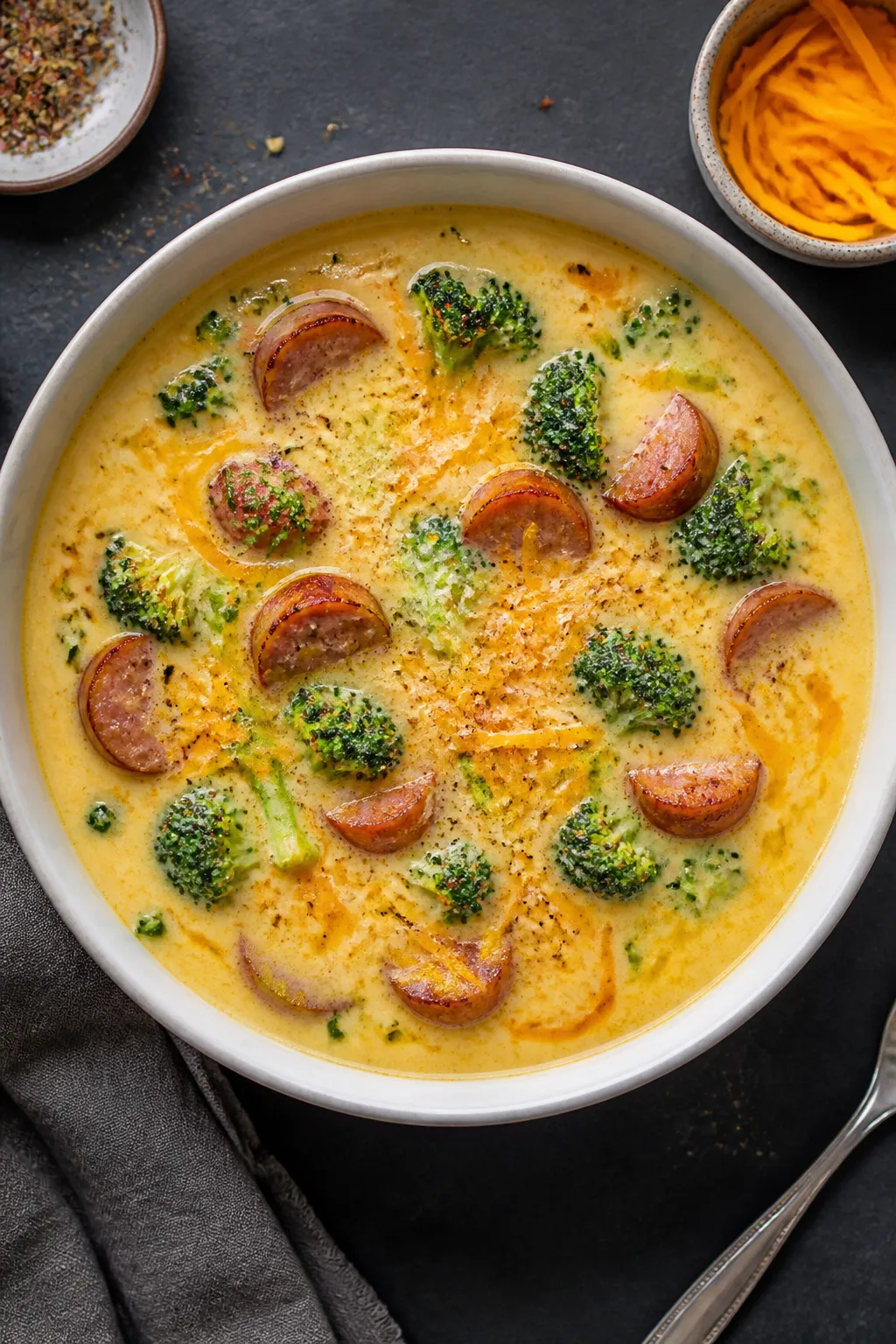 Tasty top view: Overhead shot of creamy keto smoked sausage and broccoli soup in a wide white bowl,