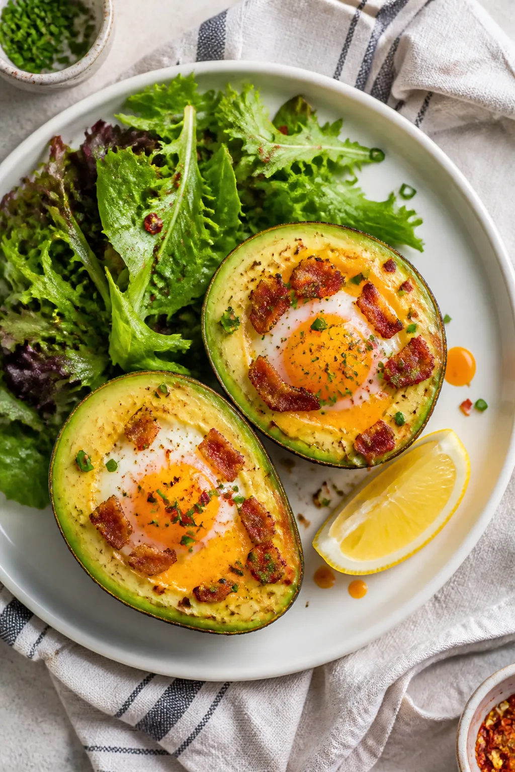 Tasty top view: Overhead shot of finished Keto Avocado Baked Eggs, yolks jammy and just set, topped 