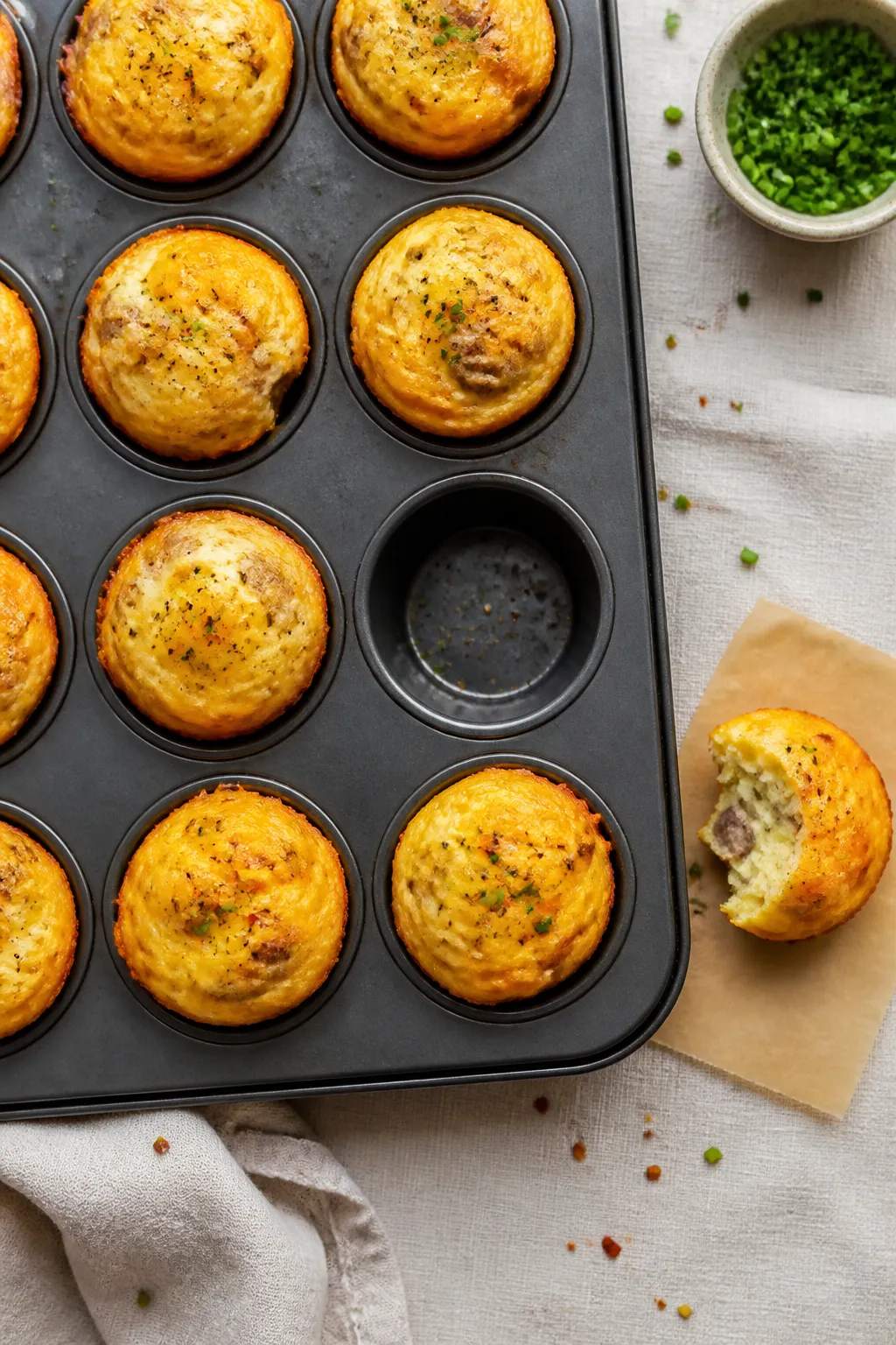 Tasty top view: Overhead shot of freshly baked Keto Sausage Egg and Cheese Bites still in the mini m