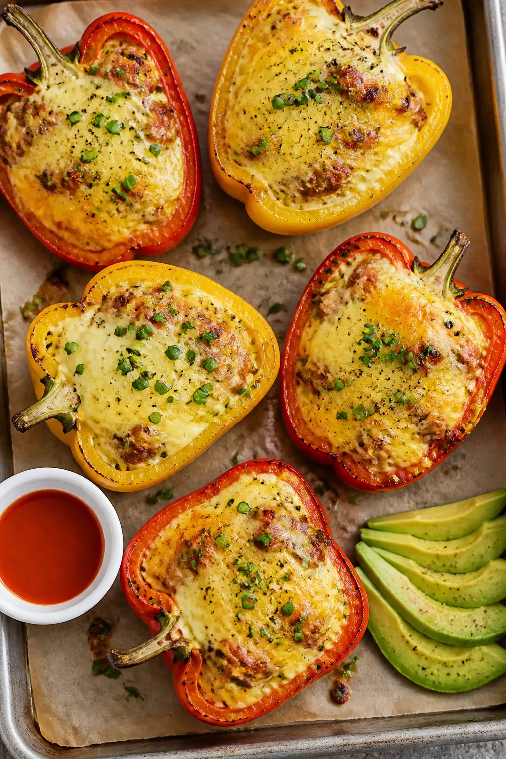 Tasty top view: Overhead shot of freshly baked Keto Breakfast Stuffed Peppers on a sheet pan lined w