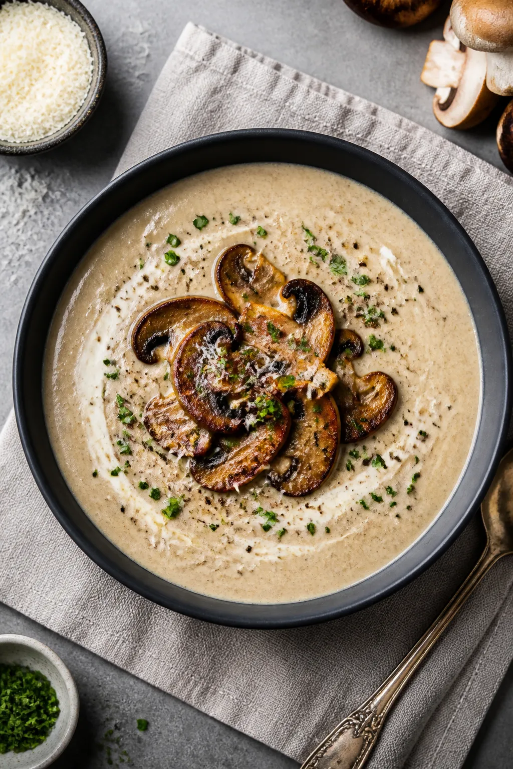Tasty top view: Overhead shot of Keto Cream of Mushroom Soup in a matte charcoal bowl, ultra-silky b