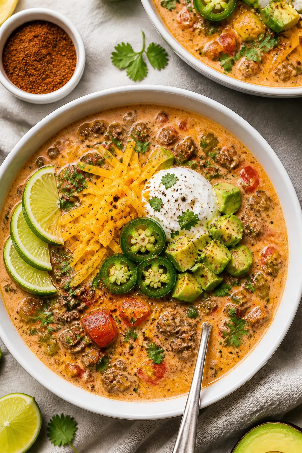 Tasty top view: Overhead shot of Keto Creamy Taco Soup just served in wide white bowls—lush, cream