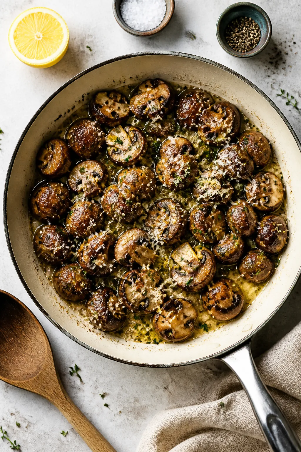 Tasty top view: Overhead shot of Keto Garlic Butter Mushrooms finished in the pan, evenly browned an
