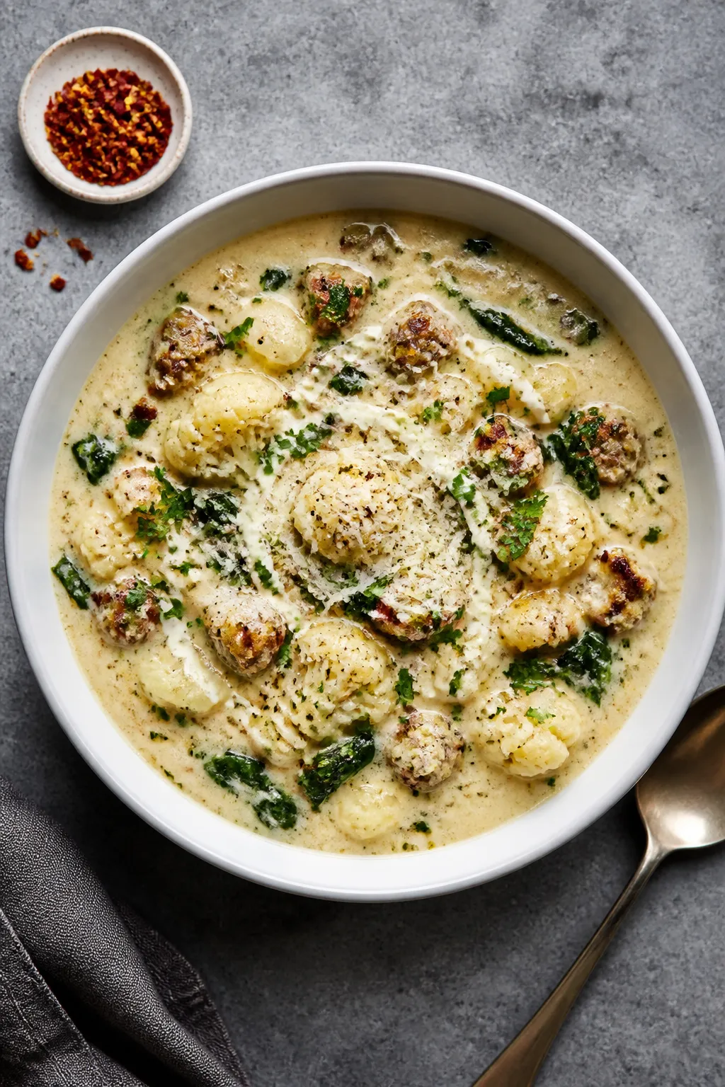 Tasty top view: Overhead shot of Keto Sausage and Cauliflower Soup in a wide, shallow white bowl, ga
