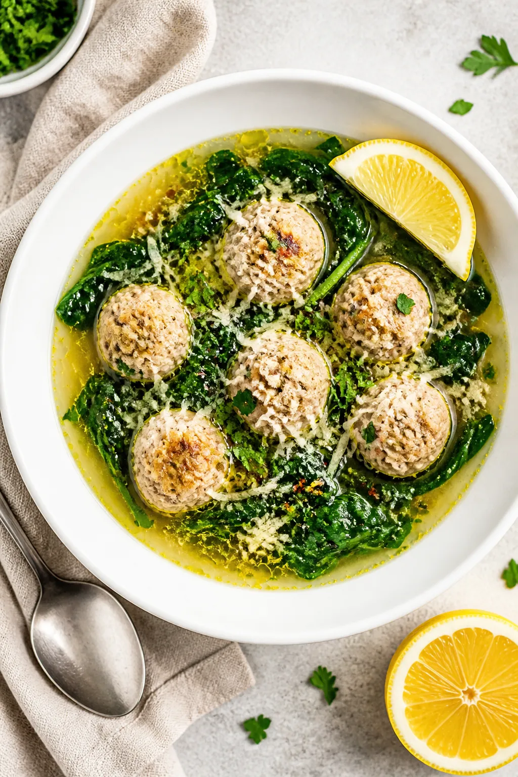 Tasty top view: Overhead shot of Keto Turkey Meatball and Spinach Soup in a wide white bowl—golden