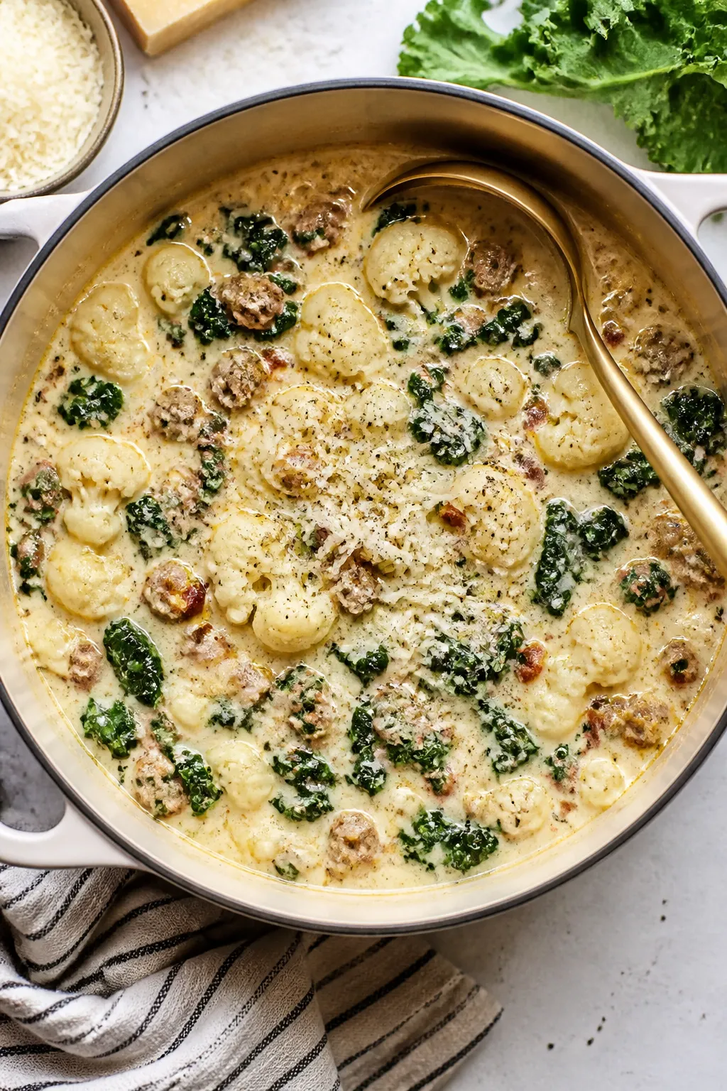 Tasty top view: Overhead shot of Keto Zuppa Toscana in the pot just after stirring in cream and Parm