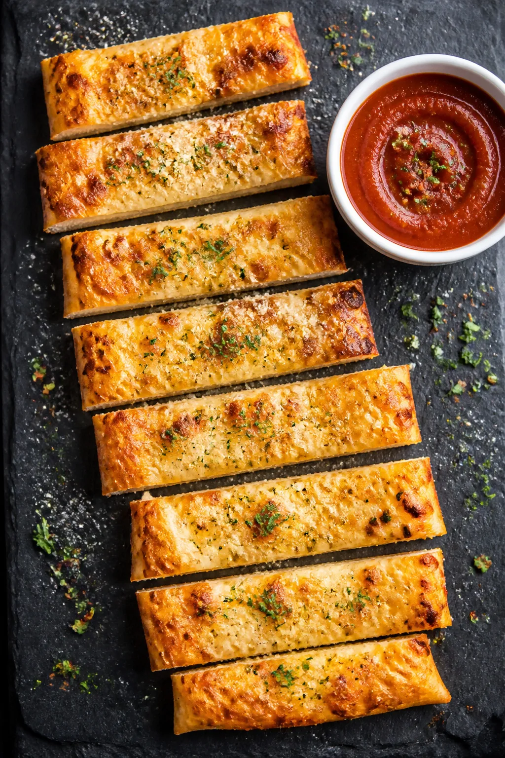 Tasty top view: Overhead shot of sliced Keto Cheesy Garlic Breadsticks arranged in neat rows on a da