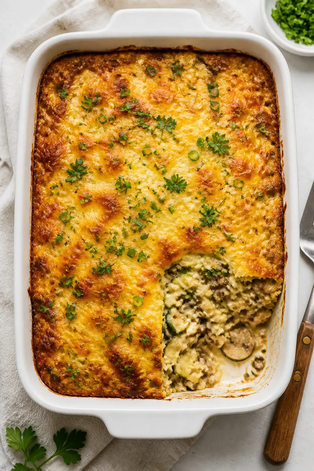 Tasty top view: Overhead shot of the baked keto ground beef casserole in a 9x13 dish, top perfectly 
