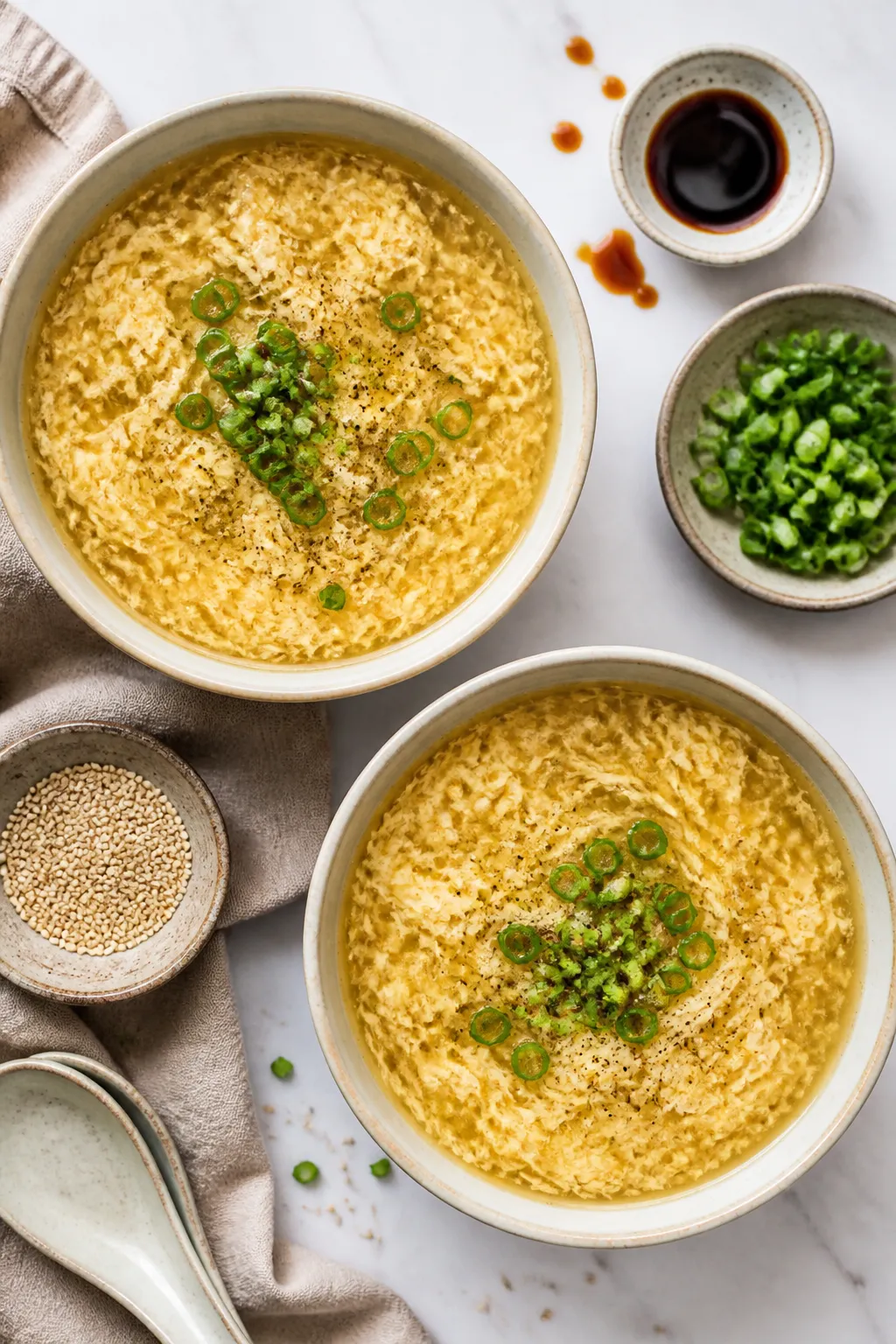 Tasty top view: Overhead shot of two bowls of Keto Egg Drop Soup, showing distinct egg ribbon patter