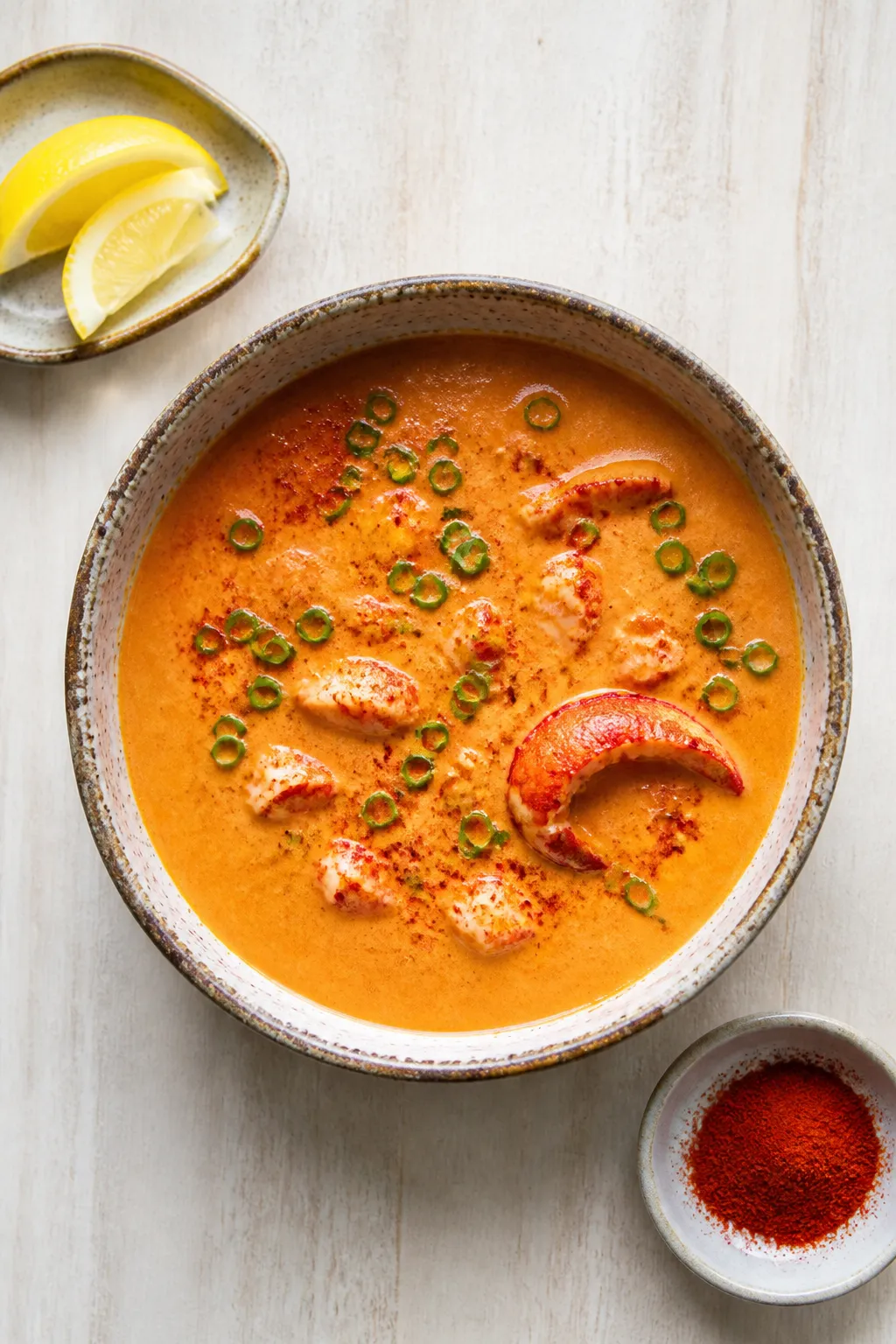 Tasty top view, overhead shot: Overhead shot of the finished lobster bisque showing even, creamy con
