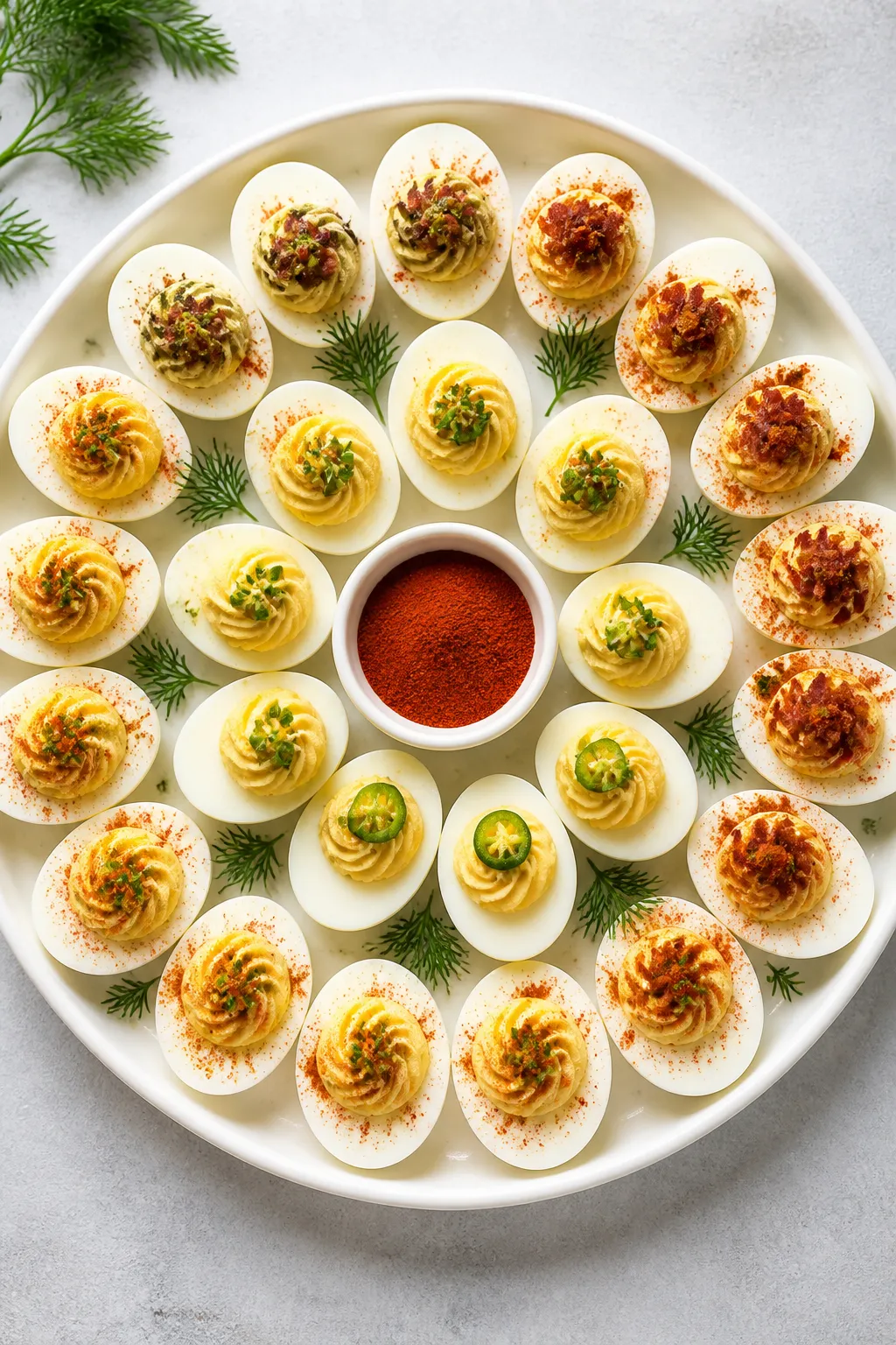 Tasty top-view party platter: Overhead shot of a large white platter filled with assorted keto devil