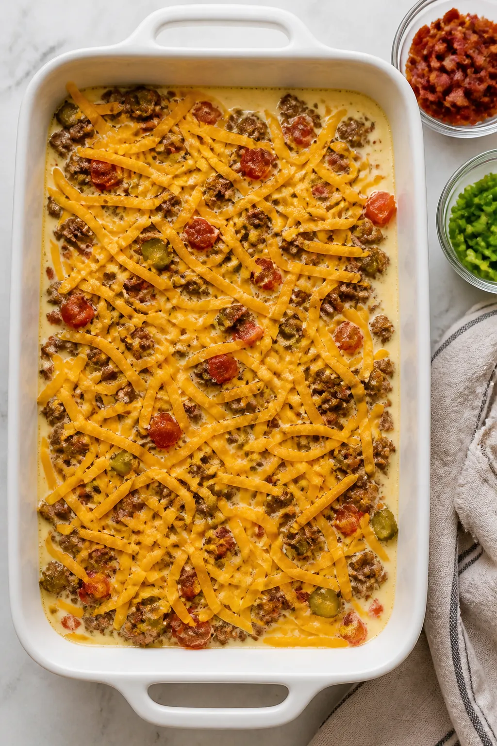 Tasty top view (pre-bake assembly): Overhead shot of the casserole dish right before baking—an eve