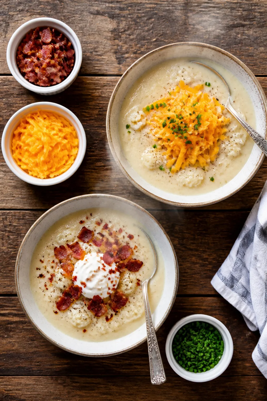 Tasty top view, toppings bar vibe: Overhead shot of two bowls of loaded cauliflower soup on a rustic